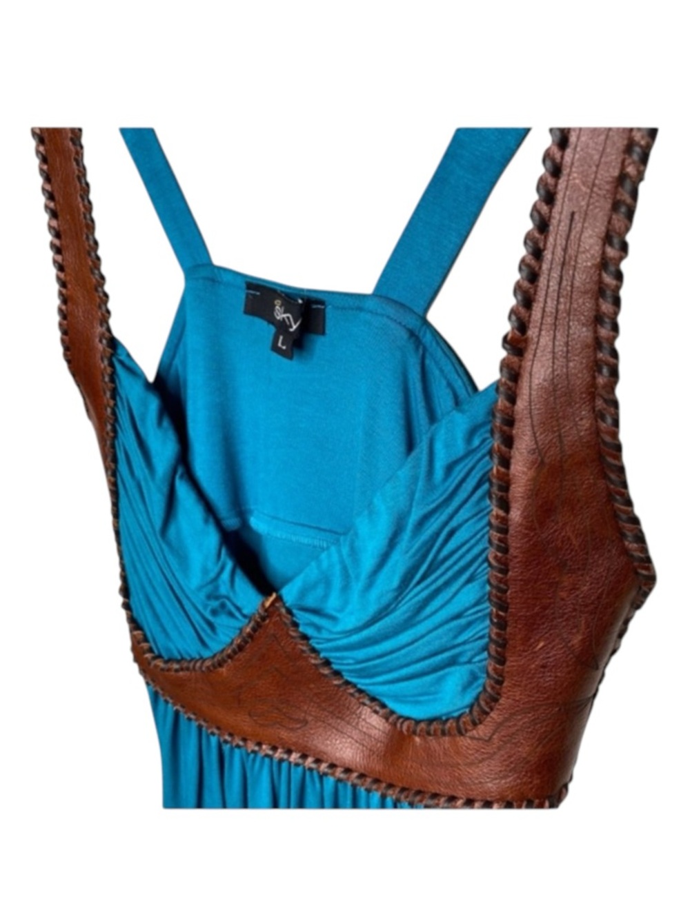 new Sky ☀︎︎ Etched Leather Bodice Embellished Sexy Strappy Silk Top ☀︎︎ Teal - Picture 9 of 16